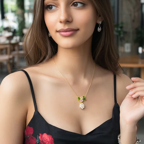 Gold_Plated_Brass_Enamel_Floral_Leaf_Pearl_Cluster_Pendant_Necklace_For_Women